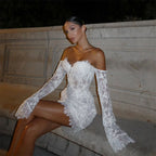White Lace Sweetheart Sheath Wedding Dress Long Sleeve Off Shoulder Bridal Gown