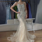Luxury Nude Pink Crystal Tassel Mermaid Evening Dress LA72772