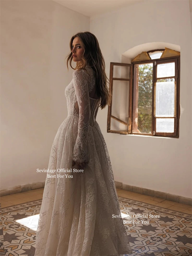 Ivory Full Lace Custom High Collar Long Sleeve A Line Floor Length Bridal Gown