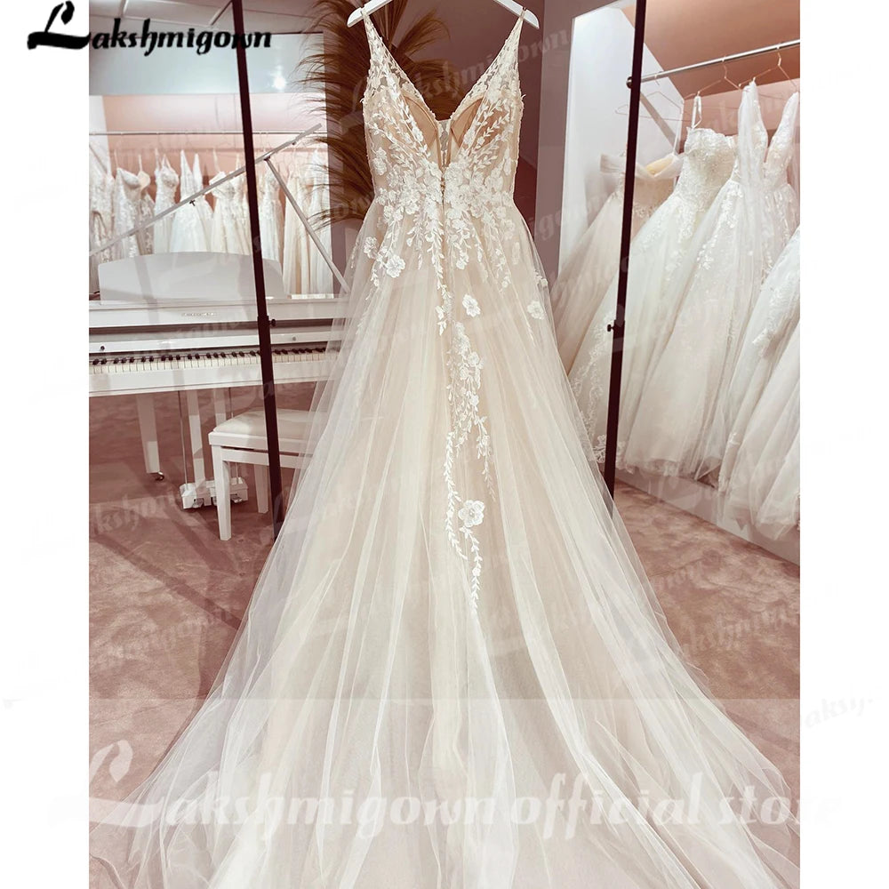 Custom Boho Wedding Dress A Line Open Back V Neck Tulle Lace Bridal Gown
