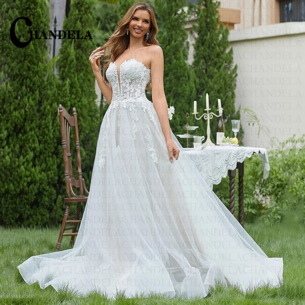 Elegant Lace Wedding Dress Sleeveless Deep V Neck Sparkly Custom Bridal Gown