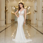 Misshow Elegant White Mermaid Wedding Dress Lace Pearl V Neck Gown