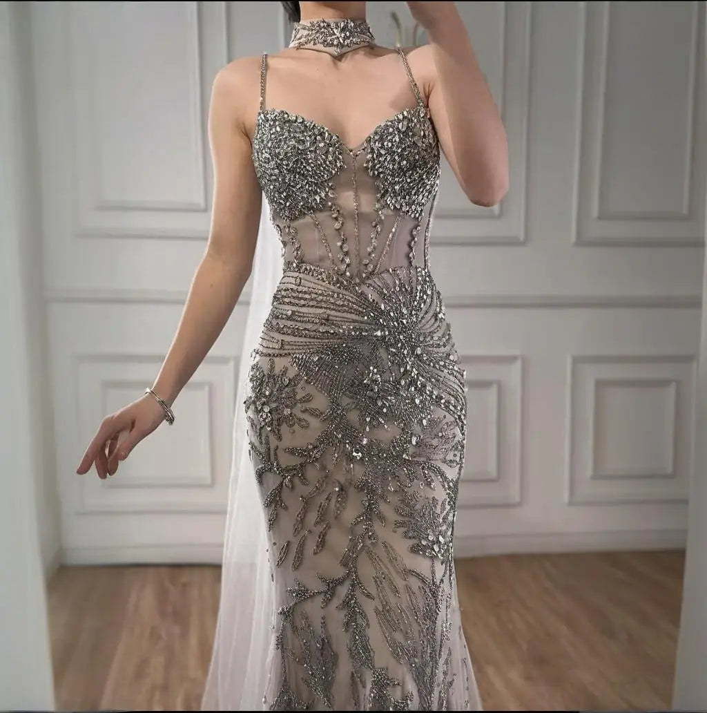 Custom Silver Beaded Mermaid Evening Dress With Cape Wedding Gown