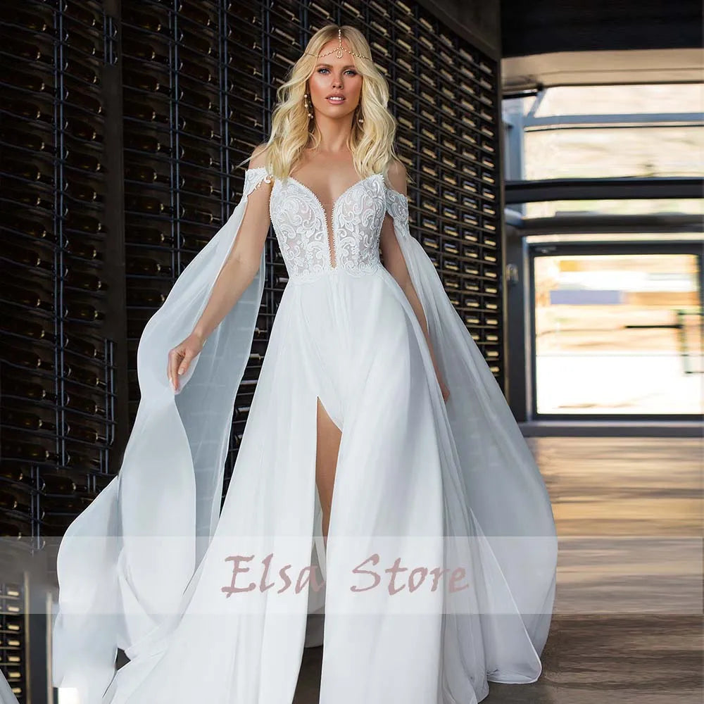 Elegant Beach Wedding Dress With High Side Slit And Lace
