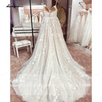 Custom Vintage Champagne Tulle A Line Wedding Dress Backless Lace V Neck
