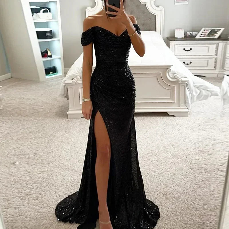 Vestidos largos de sirena para mujer 2026 elegantes con lentejuelas, escote a los hombros, abertura, cintura alta, formales para baile de graduación, para fiesta, personalizados