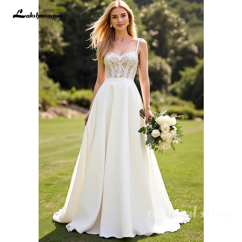 Custom Ivory Lace A Line Spaghetti Strap Crepe Satin Garden Wedding Dress