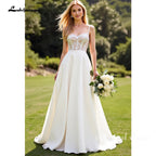 Custom Ivory Lace A Line Spaghetti Strap Crepe Satin Garden Wedding Dress