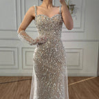 Serene Hill Custom White Mermaid Evening Gown With Pearls And Gloves