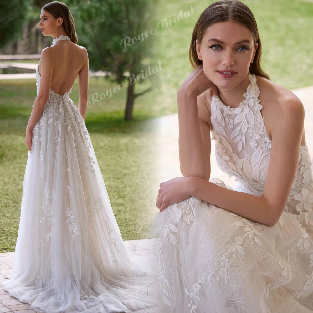 Custom A Line Lace Wedding Dress With Floral Appliques