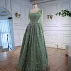Luxury Sage Green Beaded Evening Dress with Long Sleeves LA72805B