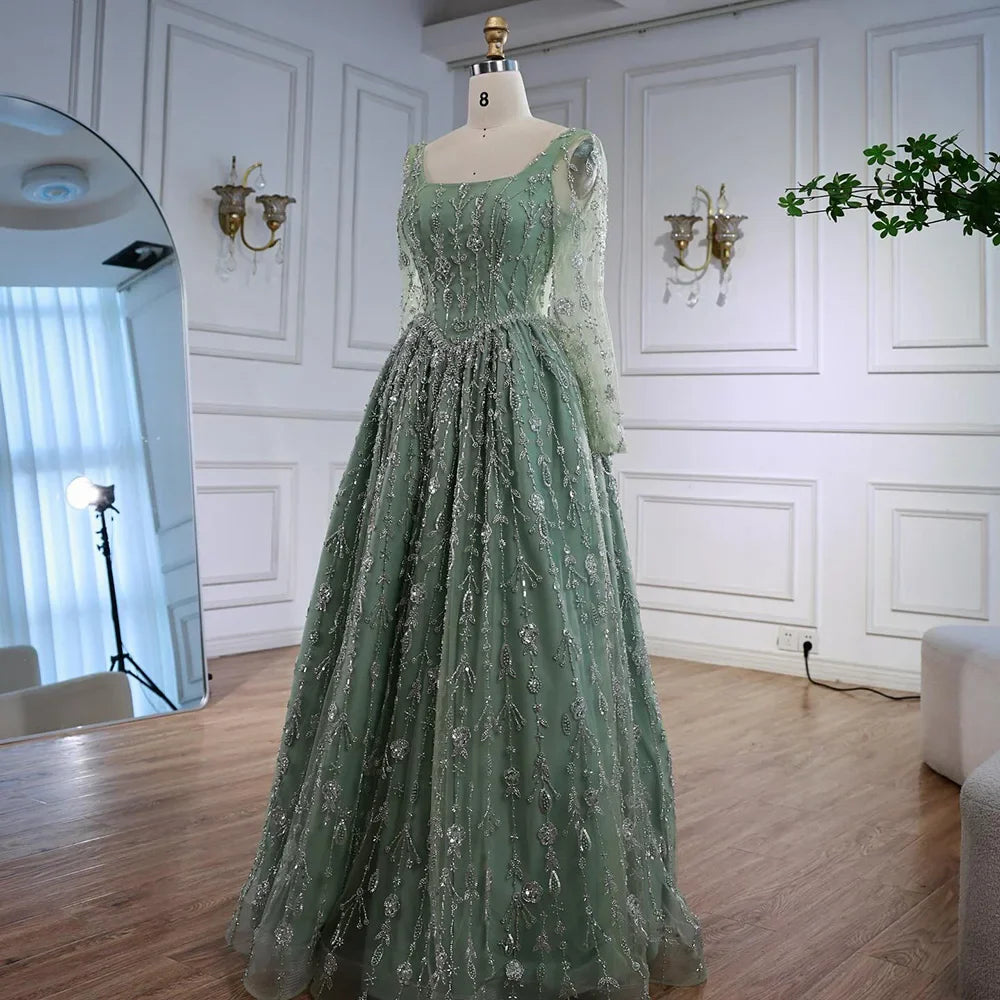 Luxury Sage Green Beaded Evening Dress with Long Sleeves LA72805B