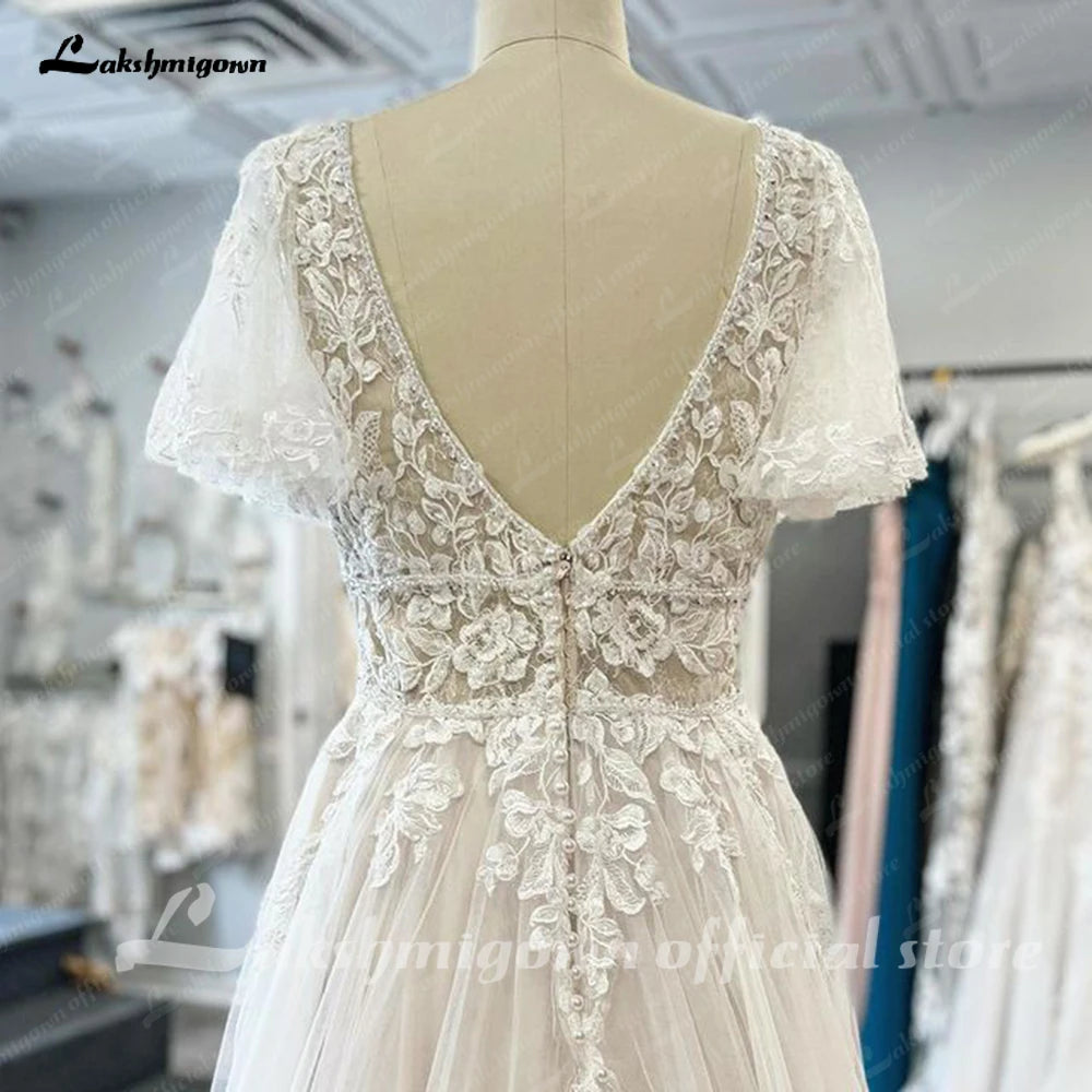 Lakshmigown Custom A Line Lace V Neck Boho Wedding Dress