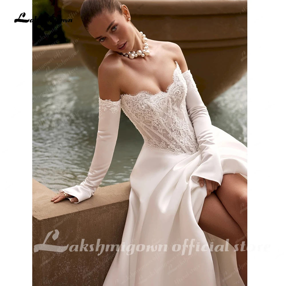 Lakshmigown Custom A Line Lace Satin Wedding Dress With Court Train