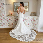 Mermaid Satin Wedding Dress Deep V Neck Beaded Lace Appliques Low Back Custom