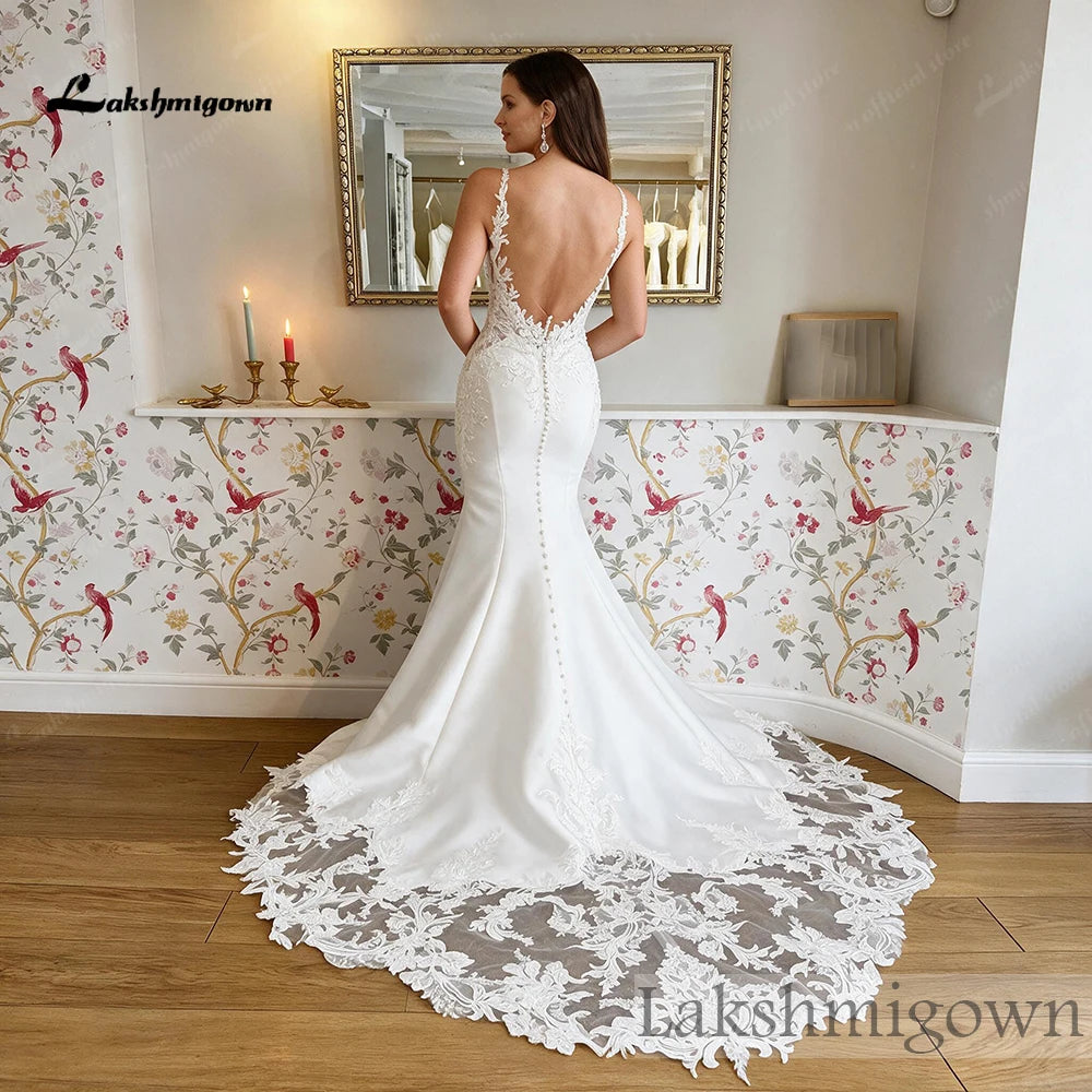 Mermaid Satin Wedding Dress Deep V Neck Beaded Lace Appliques Low Back Custom