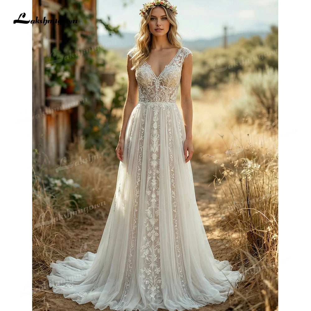 Custom Cap Sleeve V Neck A Line Boho Wedding Dress Lace Applique