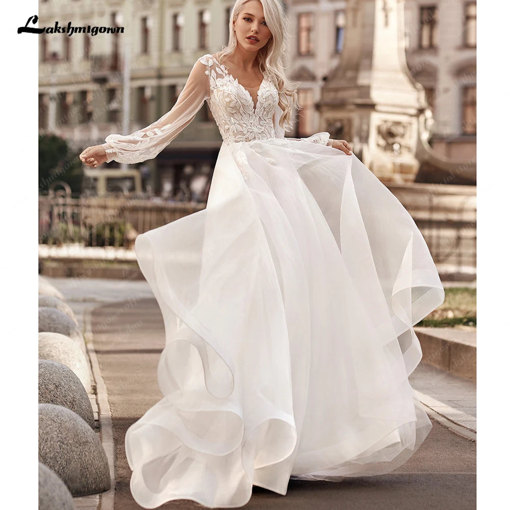 Lakshmigown V Neck Lace Tulle Long Boho Beach Wedding Dress For Women