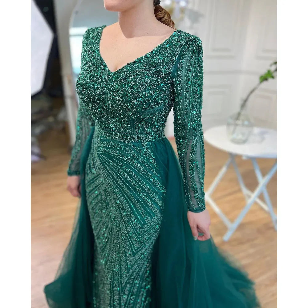 Custom Blue Grey V Neck Mermaid Beaded Evening Dress For Women