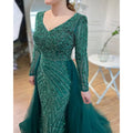 Custom Blue Grey V Neck Mermaid Beaded Evening Dress For Women