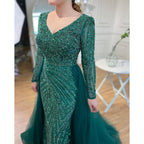 Custom Blue Grey V Neck Mermaid Beaded Evening Dress For Women