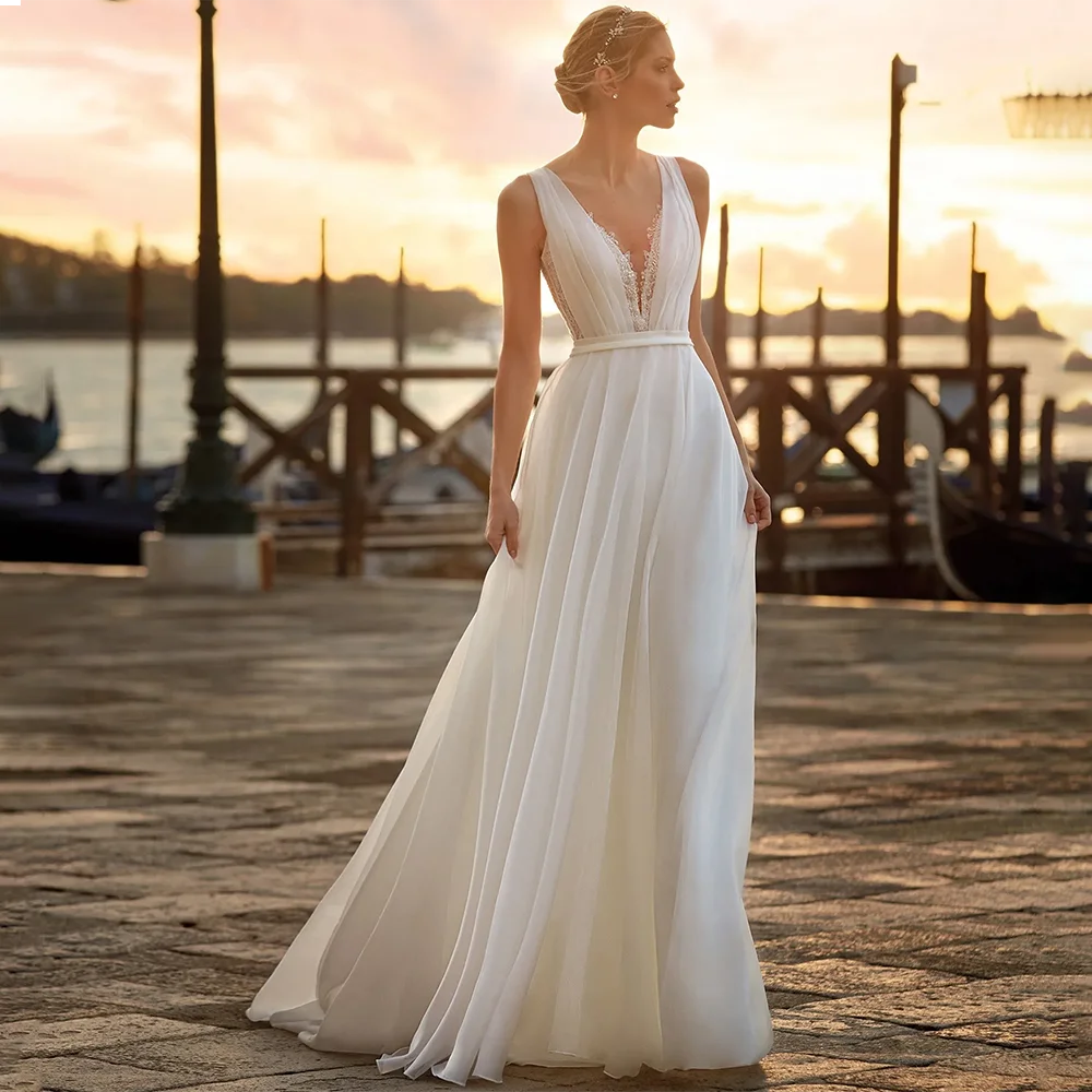 Vestido de novia sencillo y generoso de línea A de gasa para mujer, escote en V, sin mangas, con aplicaciones de encaje, vestido de novia personalizado, vestidos para novias de boda