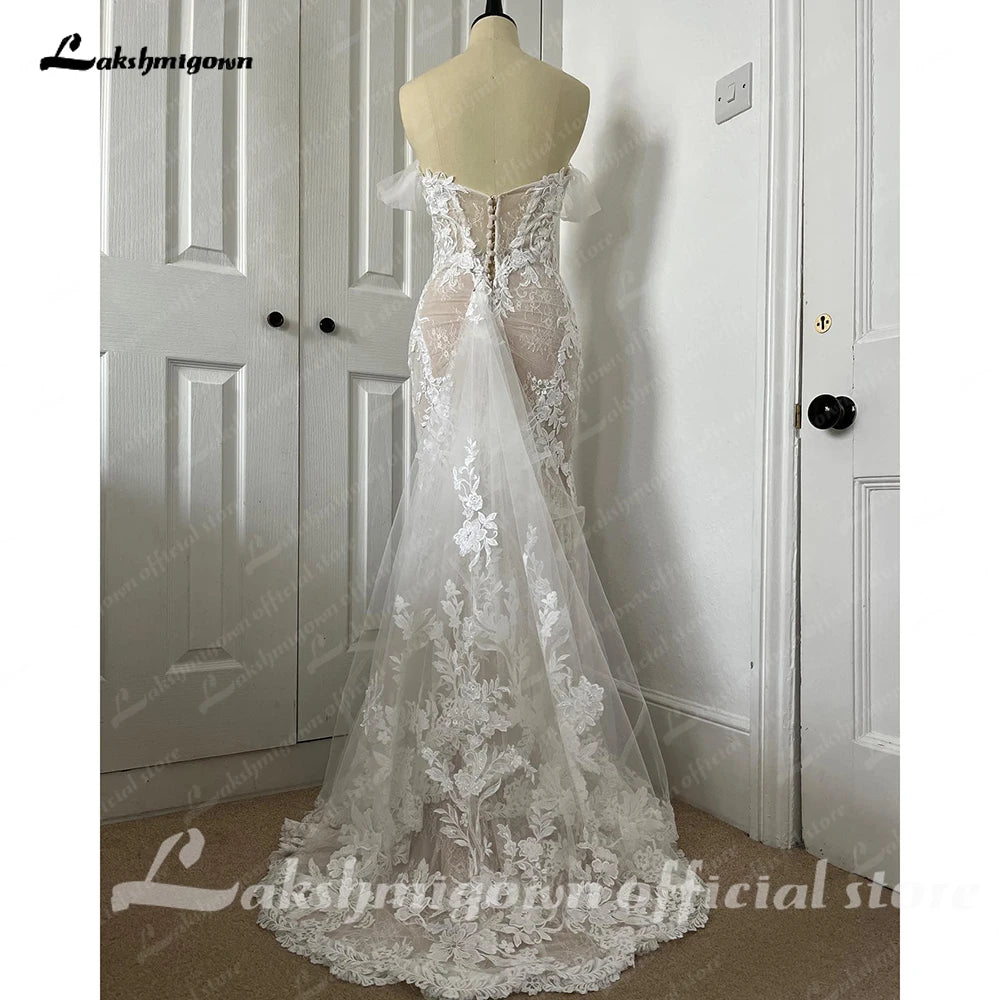 Lakshmigown Off Shoulder Lace Appliques Bride Champagne Custom Wedding Gown