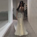 Serene Hill Silver Nude Spaghetti Strap Mermaid Evening Dress