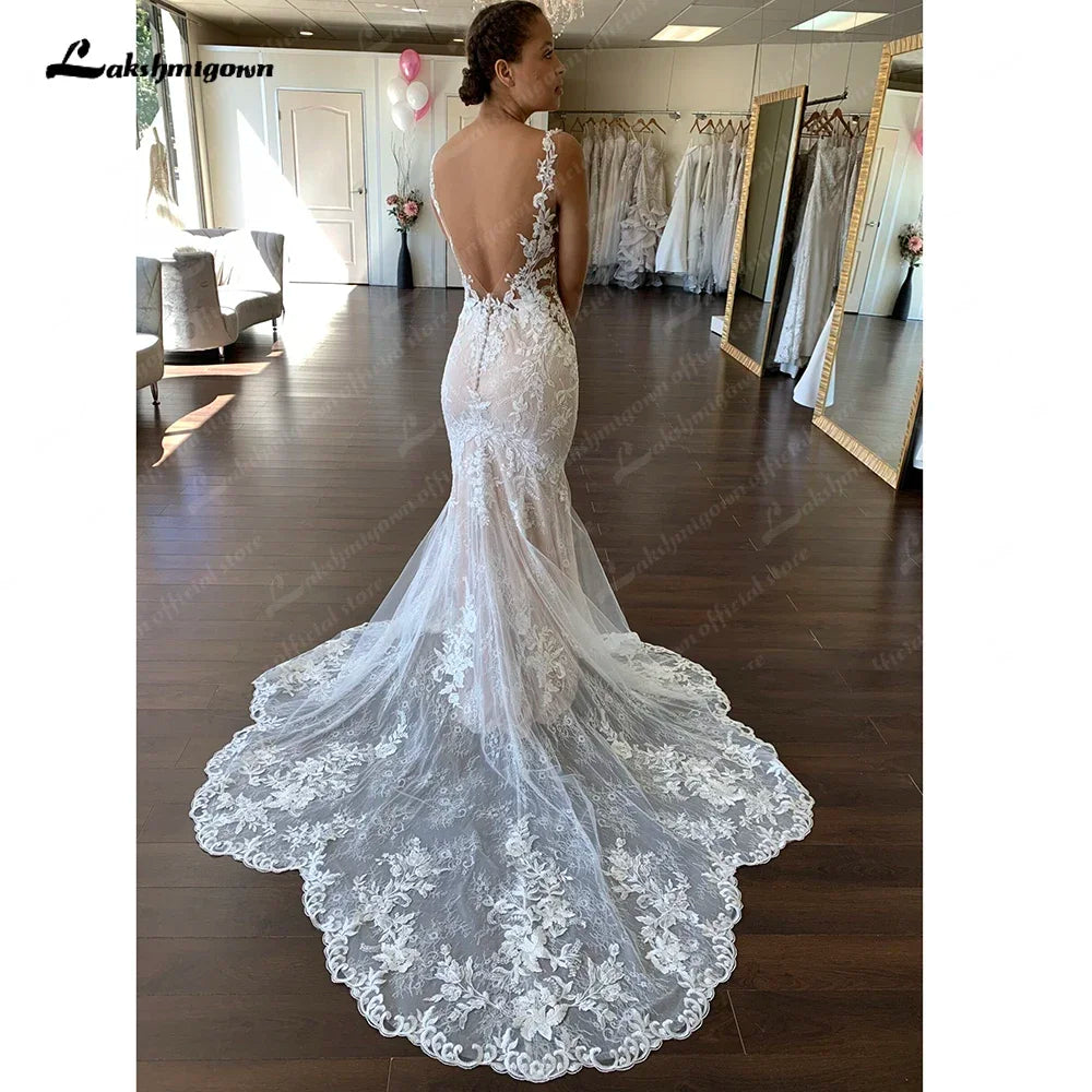 Off White Wedding Dress Lace Appliques V Neck Boho Mermaid Custom Made