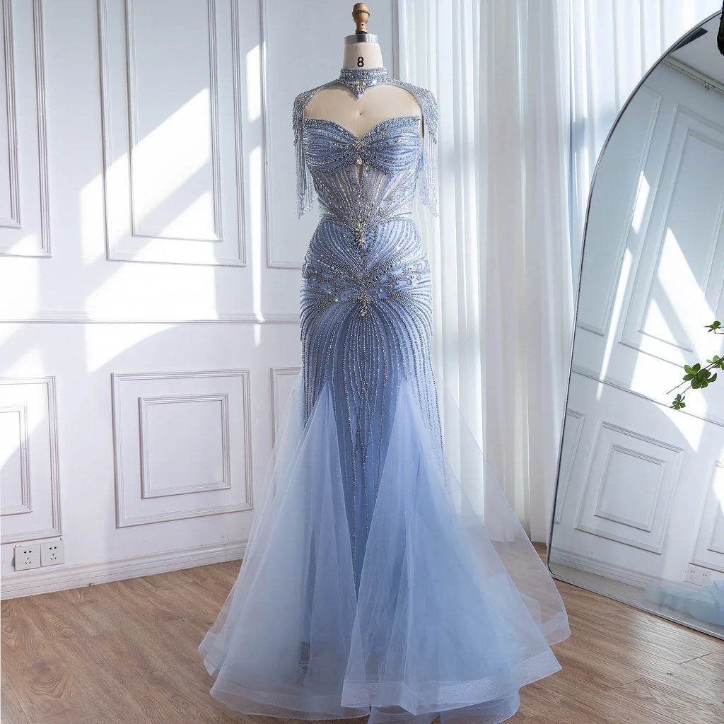Luxury Dubai Beaded Blue Pink Evening Dress with Tassel Cape LA72897B