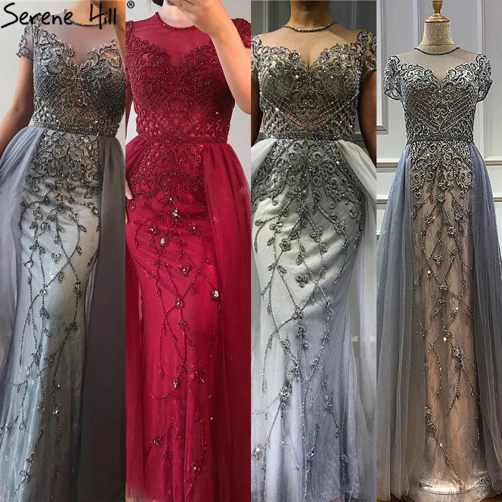 Women Custom Mermaid Evening Dress Beaded Short Sleeve Formal Gown