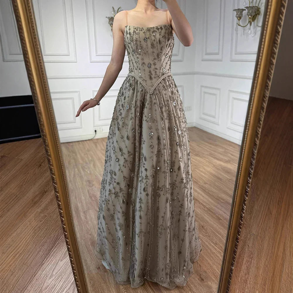 Luxury Sage Green Beaded A-Line Spaghetti Strap Evening Dress LA72805