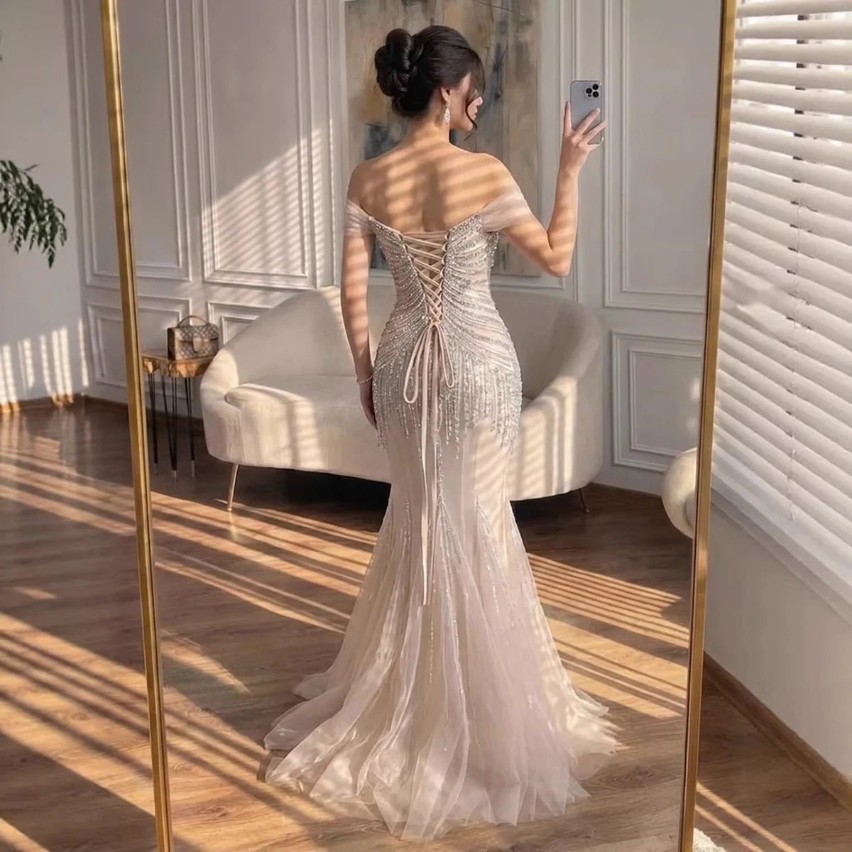 Custom Nude Off Shoulder Mermaid Beaded Evening Gown For Women