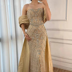 Nude Strapless Off Shoulder Mermaid Beaded Evening Dress Gown Custom Overskirt