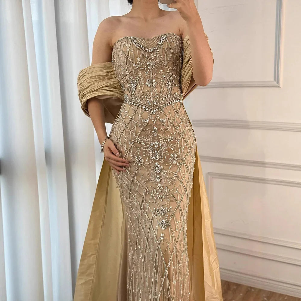 Nude Strapless Off Shoulder Mermaid Beaded Evening Dress Gown Custom Overskirt