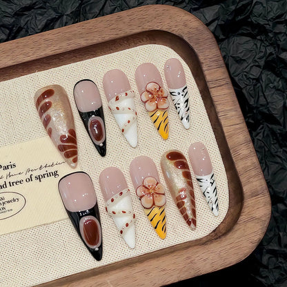10 uñas postizas francesas hechas a mano, color naranja vitalidad, con diseño de flor de huevo tallada en 3D, largas, estilo ballet, para verano. 