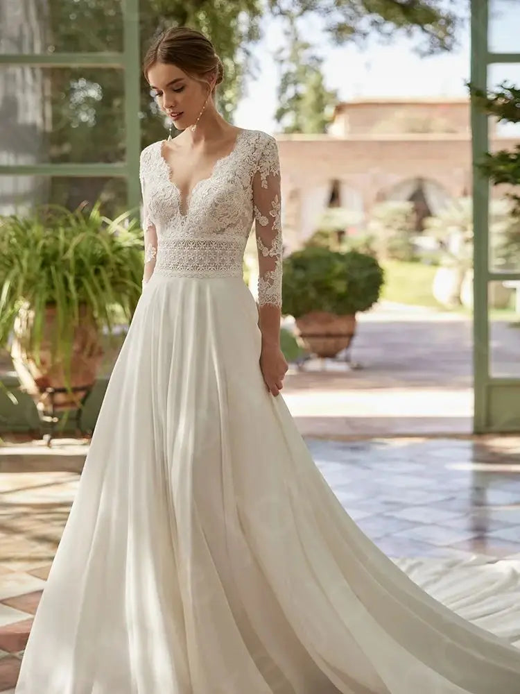 Summer Boho Lace Beach Wedding Dress V Neck Three Quarter Sleeves