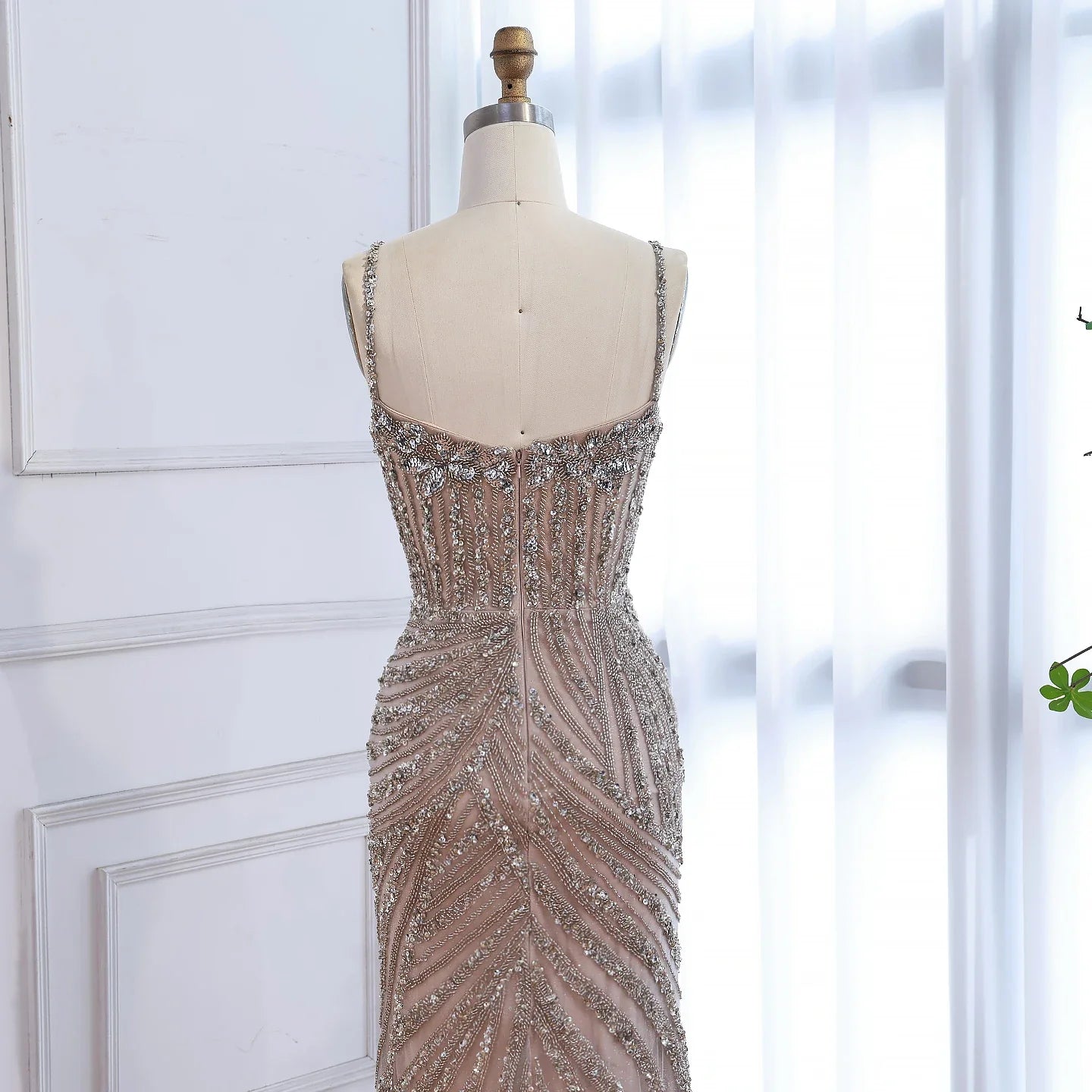 Luxury Nude Beaded High Slit Mermaid Evening Dress LA73340