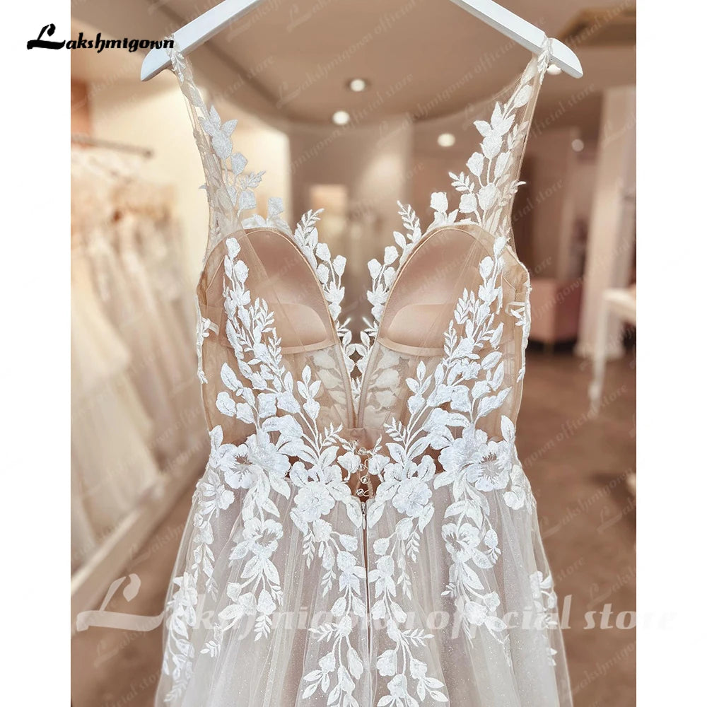 Lakshmigown Custom Illusion Backless Sleeveless Appliques Wedding Dress Bride