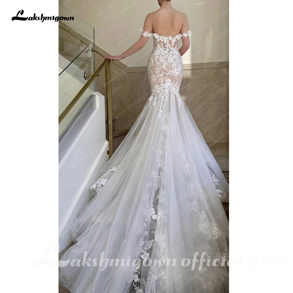 Lakshmigown Custom Off Shoulder Mermaid Wedding Dress Lace Backless Gown