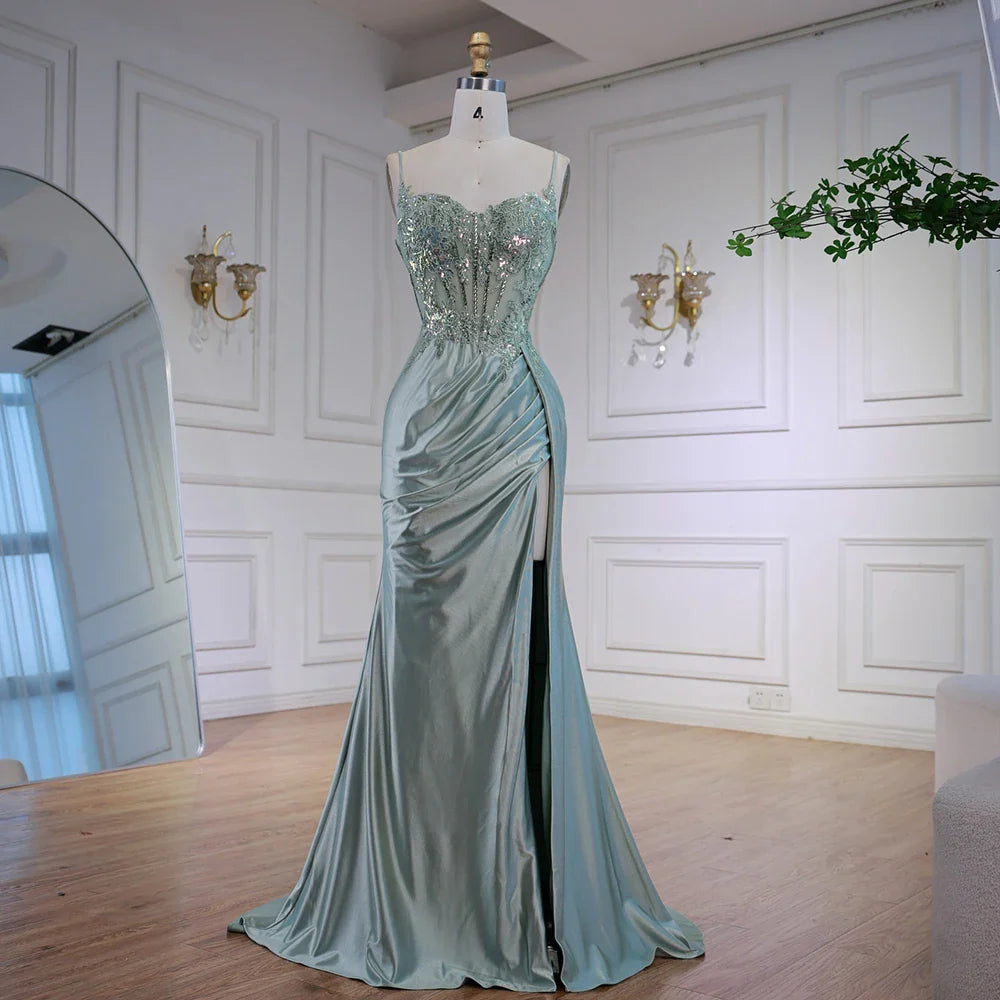 Luxury Mint Green Satin Beaded Prom Dress with Slit LA72995