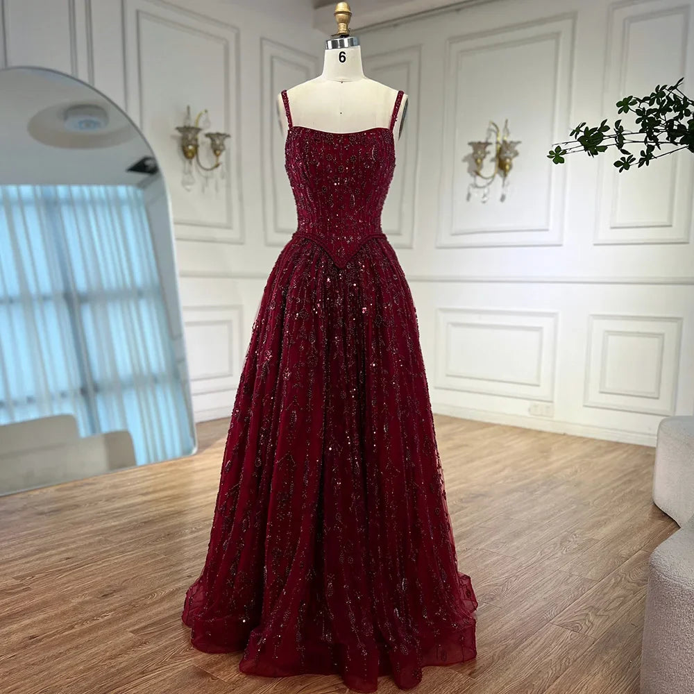 Luxury Sage Green Beaded A-Line Spaghetti Strap Evening Dress LA72805