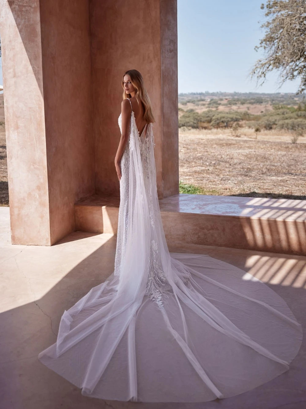 Custom Backless Mermaid Bridal Gown With Deep V Neck And Sequined Cape