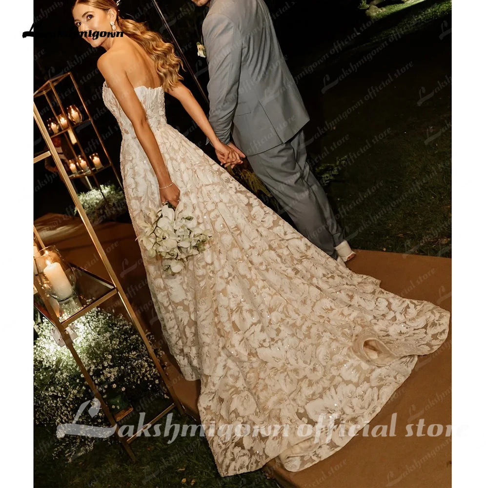 Lakshmigown Floral Lace A Line Strapless Custom Wedding Dress