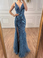 Luxury Blue Beaded Feather Mermaid Evening Dress LA73369