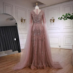 Elegant Beaded A-Line Evening Dress with Cape Sleeves LA73056