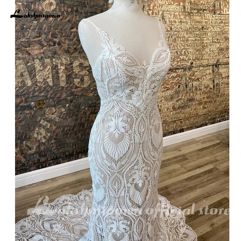 Lace Mermaid Wedding Dress Bohemian Bridal Gown With Detachable Sleeves