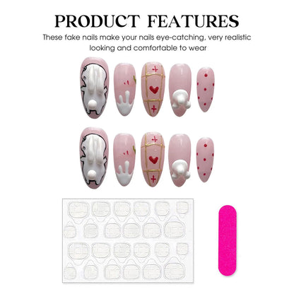 10 uñas postizas de conejo blanco hechas a mano, color almendra rosa, con rayas doradas y decoración de corazón, ideales para usar. 