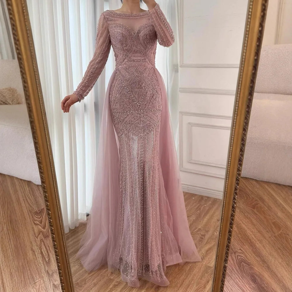 Pink Long Sleeve Mermaid Beaded Customized Evening Dress For Women