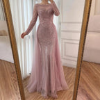 Pink Long Sleeve Mermaid Beaded Customized Evening Dress For Women